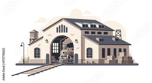 Nostalgic Illustration of a Vintage Train Station with Locomotive