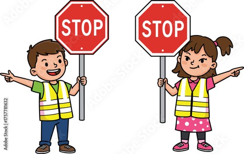 children, stop, sign, traffic, safety, road, rules, crossing, guard, cartoon, illustration, vector, design, creative, element, learning, education, awareness, lifestyle, concept