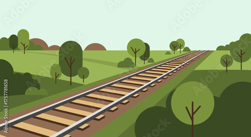 Railway tracks disappearing into the distance with green trees landscape
