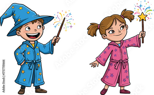 children, wizard, magic, wand, fantasy, spell, costume, play, cartoon, illustration, vector, design, creative, element, fun, imagination, storytelling, wonder, adventure, concept