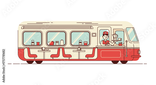 Retro Diner Bus Illustration, A Nostalgic Mobile Cafe with Line Art Style