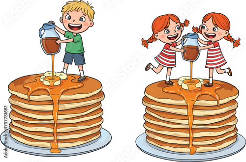 children, pancakes, syrup, banana, breakfast, food, dessert, sweet, fun, play, cartoon, illustration, vector, design, creative, element, joy, imagination, lifestyle, concept
