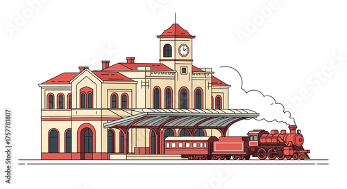 Stylized illustration of vintage train station with classic locomotive