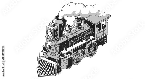 Stylized Isometric Steam Train Illustration with Smoke on White Background