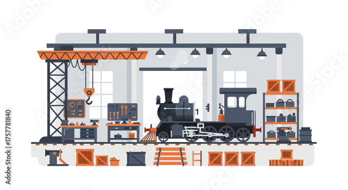 Stylized Locomotive Maintenance Depot with Tools and Equipment, Isometric