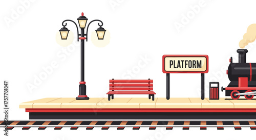 Stylized railway station scene featuring vintage steam locomotive train
