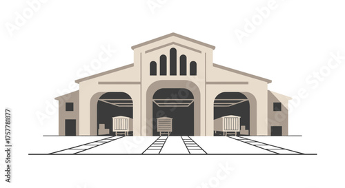 Stylized Train Depot Illustration with Railway Tracks and Freight Cars