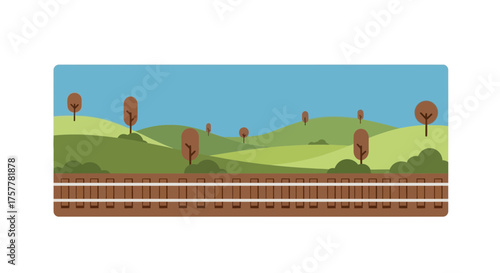 Stylized Train Tracks Landscape Illustration with Rolling Hills Backdrop