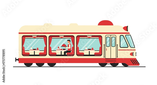 Stylized vintage dining car train illustration with a waiter inside