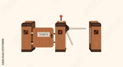 Stylized Wooden Turnstile Illustration for Access Control, Flat Vector Design