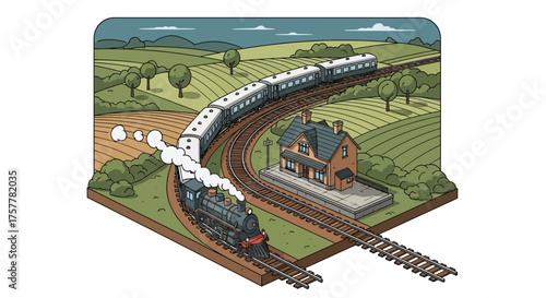 Vintage train journey through countryside passing by charming station
