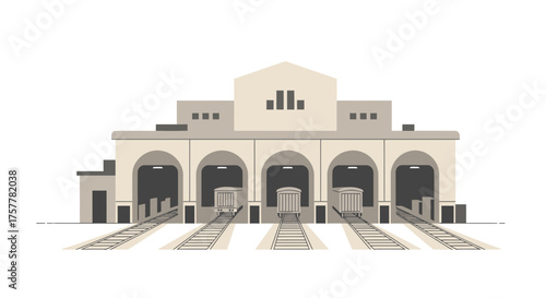 Vintage train depot with arched entrances and rail tracks illustration
