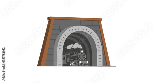 Vintage train emerging from brick tunnel, bringing nostalgia and travel