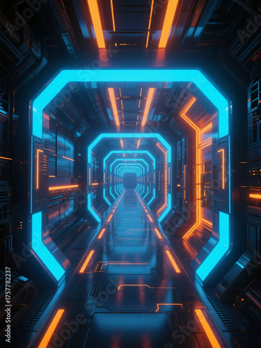 A futuristic sci - fi corridor with vibrant neon lights and advanced technological elements creating a high - tech atmosphere.