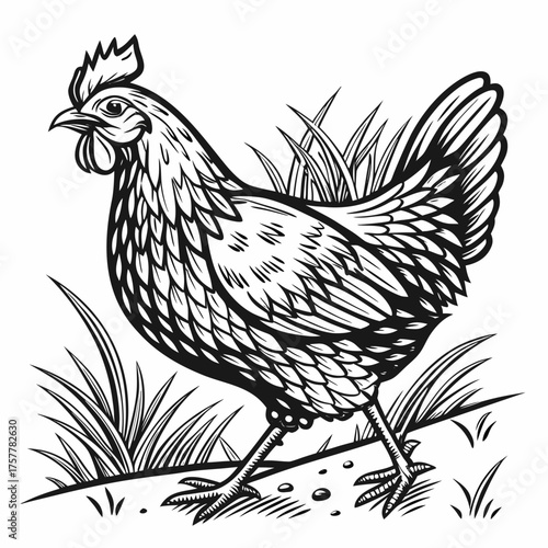 Chicken Vintage Detailed Woodcut Linocut Engraving Style Vector Illustration