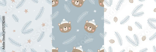 Winter bear seamless pattern set with pine branches and cones
