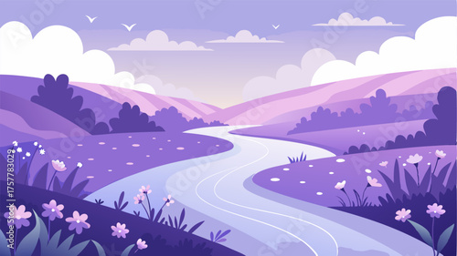 A peaceful riverbank covered in delicate white and lavender wildflowers creating a dreamy atmosphere.