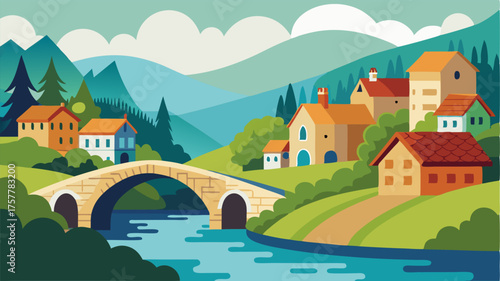 A idyllic setting of a village on the riverbank with a majestic old bridge arching over the tranquil waters.