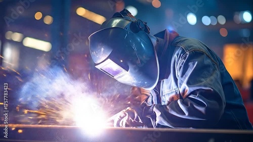 Welder in Protective Gear Welding Metal in Industrial Workshop with Sparks
