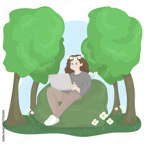 Freelance Woman Working Outdoors Remote Work in Nature Vector Illustration