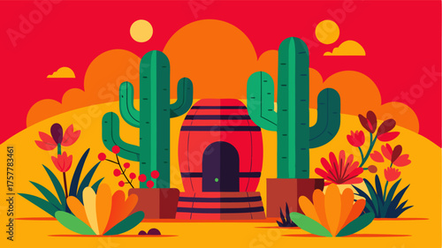A peaceful retreat surrounded by towering barrel cacti and their vibrant red and yellow blooms.