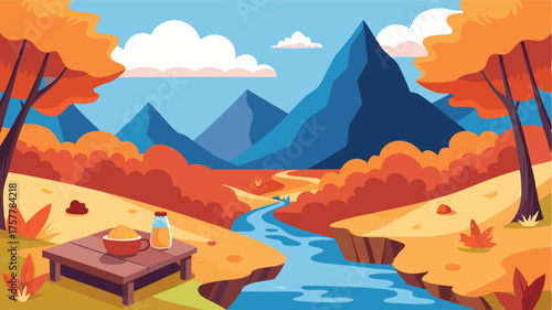 A hidden gem of a picnic spot next to a bubbling mountain stream framed by colorful autumn foliage.