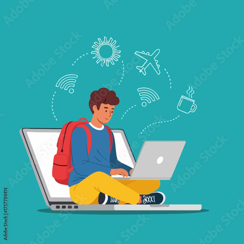 Young traveler plans vacation using laptop with travel icons on a turquoise background