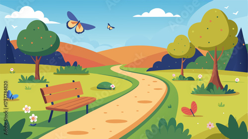 A paved path winding through a meadow filled with butterflies and carefully p benches inviting visitors to sit and take in the natural beauty of the park.