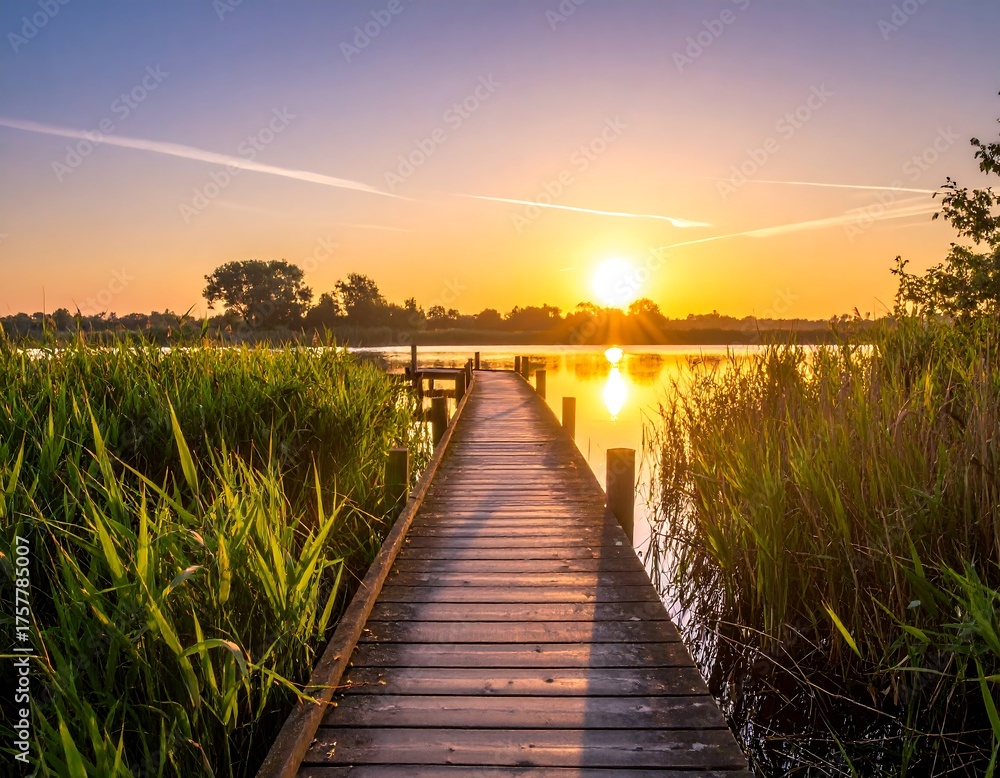 Fototapeta premium Sunrise over a tranquil wooden pier