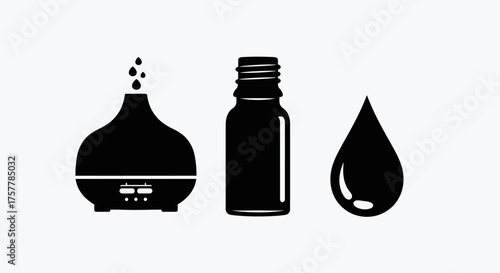 Essential oil diffuser, bottle, and drop illustration