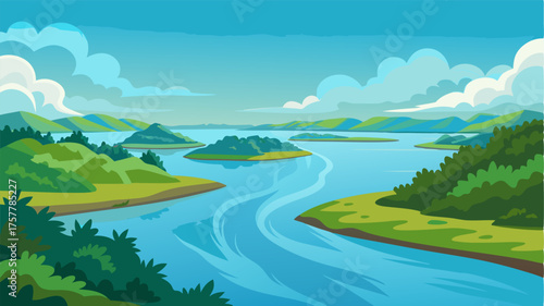 A panoramic view of a vast estuary where the river widens and slows into a peaceful lagoon filled with lush vegetation and glistening water.