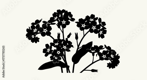 Black silhouette of delicate forget-me-not flowers against a cream background