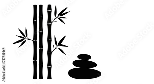 Black silhouette of bamboo stalks and a stack of smooth stones on a white background
