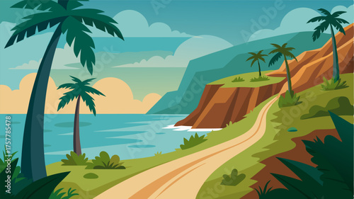 A rugged coastal path lined with towering palm trees and swaying sea grass revealing stunning glimpses of secluded bays and untouched shoreline.