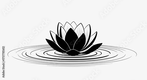 Black and white graphic of a blooming lotus flower on rippling water