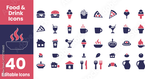 Collection of 40 editable food and drink icons in silhouette style isolated on transparent background