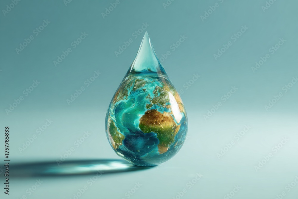 Obraz premium water drop shaped like planet Earth, surreal eco clean water minimalism