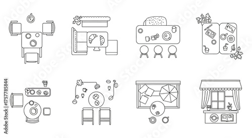 cafe layout plans showing tables chairs and amenities offering restaurant interior design reference perfect for architectural visualization top view simple line art.