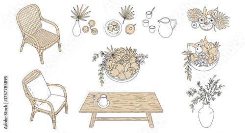 cozy indoor living rattan chairs and fruit bowls on a wooden table perfect for a home decor blog or illustrating a relaxing lifestyle scene.