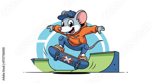Skateboarder mouse doing tricks on a ramp illustrating urban youth culture perfect for animation advertising or skateboarding social media posts.