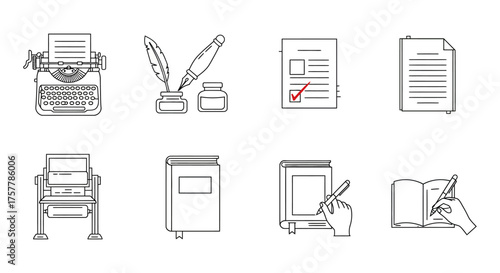 writing process antique typewriter quill and inkwell book and hands writing representing the creative writing process. journalism literature author education