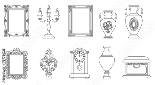 Antique collection line art vintage frames clock vases and candelabra for heritage decor and classical design in historical projects.