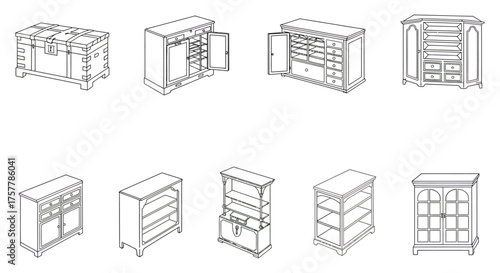 antique furniture showcasing vintage wood cabinets chests  bookshelves for classic home decor perfect for illustrating interior design  historical styles