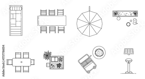 architectural plan top view layout of furniture and outdoor illustrating interior design landscaping and garden planning for real estate marketing.