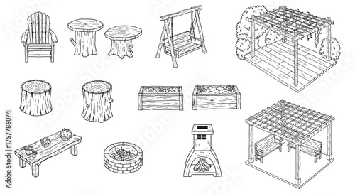 backyard furniture sketches relaxing in a rustic outdoor living space with a swing fireplace and pergola ideal for landscaping designs  summer leisure.
