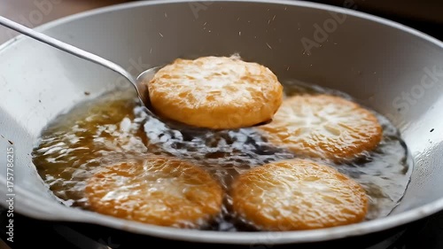 Chef Fries Crispy Golden Patties in Bubbling Oil, Close-Up Cooking Scene