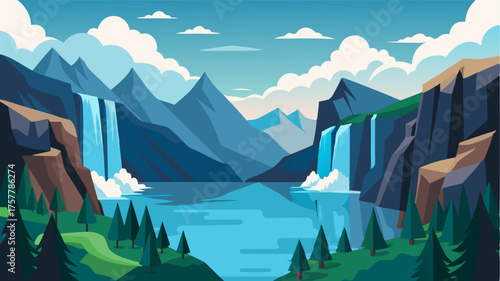 A hidden paradise in the alpine region a pristine lake surrounded by towering cliffs and cascading waterfalls.