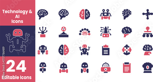 Collection of technology and ai icons with robots brains and circuits isolated on transparent background silhouette