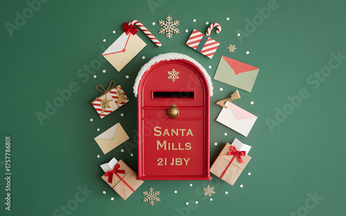 Christmas flat lay with a red Santa's mailbox, letters, gifts, and festive decorations on a green background.