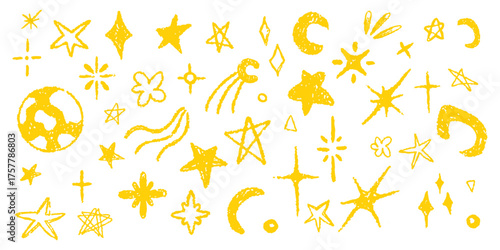 Crayon stars and moon vector set. Magical golden sky doodles with cosmic kids motif. Wax pencil or chalk texture elements. Grunge hand-drawn shapes collection on transparent background.